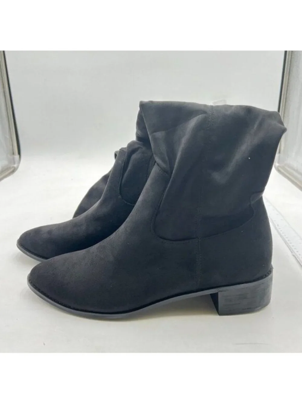 Black Women Sexy Round toe Stretch Faux Suede Low Heel Stitching Thigh High Boot